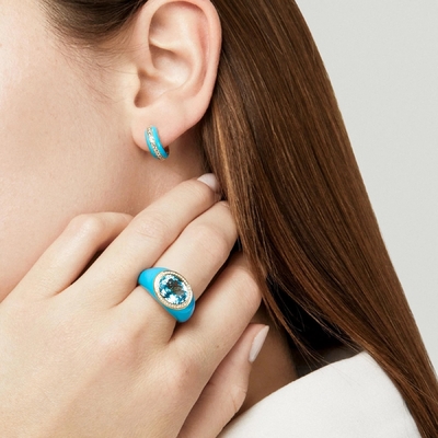 Micro Insert 18K Altın Kaplama Mavi Topaz Enamel Moda Kadın Bakır Yüzükleri