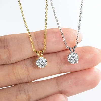 Kızlar için 925 Sterling Gümüş Kolye 18K Sarı Altın Yuvarlak Kesim Solitaire Taş Hediye