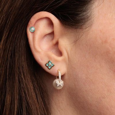 18K altın kaplamalı Turkuaz Enamel Mini Stud Çiçek küpeleri 925 Sterling Gümüş