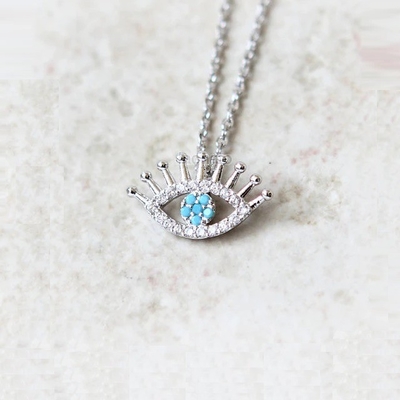 925 Sterling Silver Micro Pave Clear CZ ve Turquoise Evils Gözler Kolye Kolye