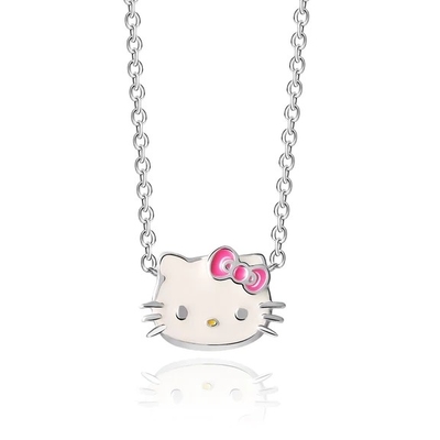 Pembe Beyaz Enamel Hello Kitty Sterling Gümüş Kolye Rodyum Kaplama