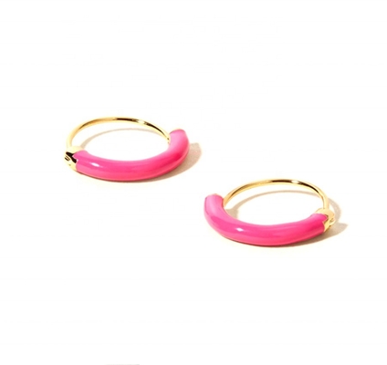 925 Sterling Gümüş Kulaklıklar 18 mm Dia Halkaları Sıcak Pembe Enamel ve 18K Altın Kaplama