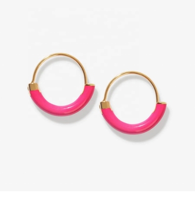 925 Sterling Gümüş Kulaklıklar 18 mm Dia Halkaları Sıcak Pembe Enamel ve 18K Altın Kaplama