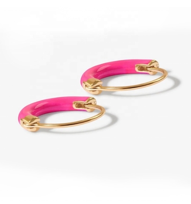 925 Sterling Gümüş Kulaklıklar 18 mm Dia Halkaları Sıcak Pembe Enamel ve 18K Altın Kaplama