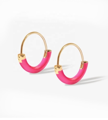 925 Sterling Gümüş Kulaklıklar 18 mm Dia Halkaları Sıcak Pembe Enamel ve 18K Altın Kaplama
