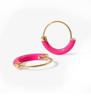 925 Sterling Gümüş Kulaklıklar 18 mm Dia Halkaları Sıcak Pembe Enamel ve 18K Altın Kaplama