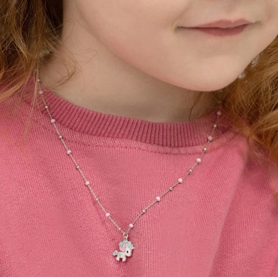 Çocuklar Enamel Tek Boynuzlu Kolye Kolye 925 Sterling Gümüş Beyaz Altın Kaplama