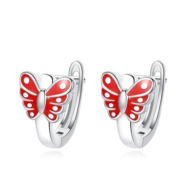 Kelebek Kırmızı Enamel Çocuklar Sterling Gümüş Halı Kulaklık Beyaz Altın Kaplama