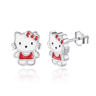 Kitty Childrens Gümüş Stud Bileklikleri Kırmızı Beyaz Siyah Enamel Mücevher 925 Gümüş