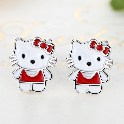 Kitty Childrens Gümüş Stud Bileklikleri Kırmızı Beyaz Siyah Enamel Mücevher 925 Gümüş
