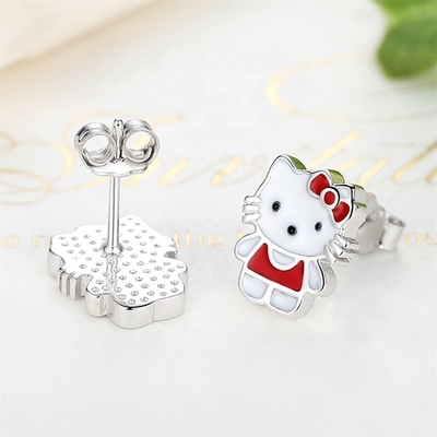 Kitty Childrens Gümüş Stud Bileklikleri Kırmızı Beyaz Siyah Enamel Mücevher 925 Gümüş