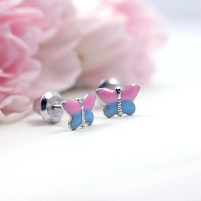 18K Sarı Altın Pembe Mavi Enamel kelebek küpe E kaplama ile