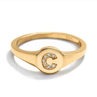 Customizable Letter Initial Signet Ring 18K Gold Plated 925 Silver CZ Classic Design