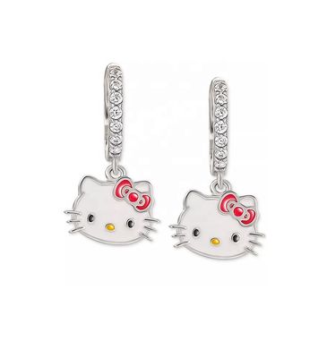 Rhodium Plated Hello Kitty Dangle Hoop Earrings in Sterling Silver with CZ and Enamel
