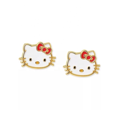 18K Altın Kaplama Hello Kitty Enamel Stud Kızlar için 925 Sterling Gümüş