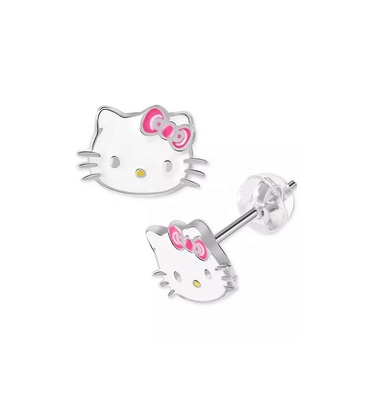 18K Altın Kaplama Hello Kitty Enamel Stud Kızlar için 925 Sterling Gümüş