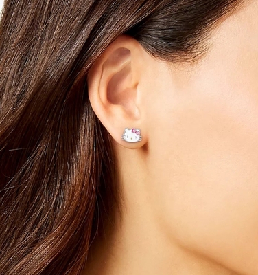 18K Altın Kaplama Hello Kitty Enamel Stud Kızlar için 925 Sterling Gümüş