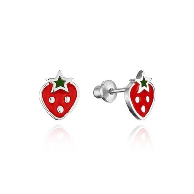 Beyaz Altın Kaplama Çilek Bebek Kırmızı ve Yeşil Enamel Vuruş Geri Çocuk Küpesi