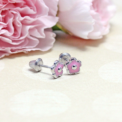 Tatlı Modali Pembe Çiçek Enamel Düğme Arka Küpe Şirin 925 Sterling Gümüş Tasarımı