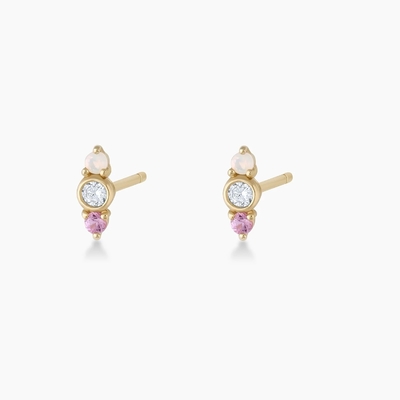 Beyaz Opal ve Pembe Sapphire CZ Stud Kulaklıkları Üç Taş Kübik Zirkonya Studs