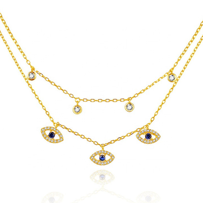 Çifte katman Evil Eye Bezel Set Elmas Kolye Kadınlar Bezel Set Kolye