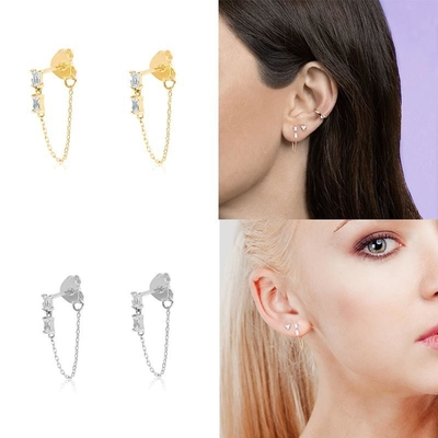 Satış Baguette Kübik Zirkon İpekli Stud Kulaklık Mücevher 925 Sterling Gümüş Kadınlar için