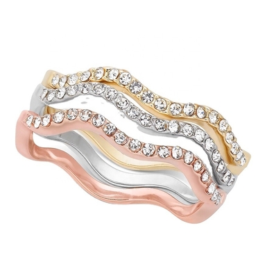 3 Parça Pave Ring Set Rhodium Plated Wave Ring Sterling Gümüş