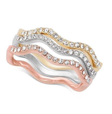 3 Parça Pave Ring Set Rhodium Plated Wave Ring Sterling Gümüş