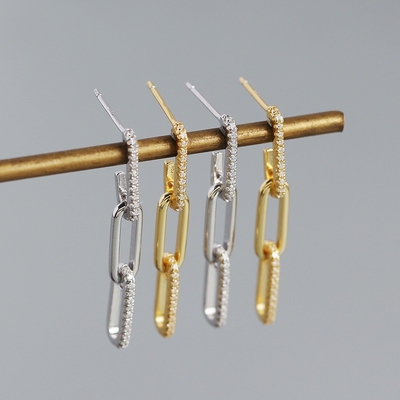 925 Sterling Gümüşlü Retro Paperclip Dikdörtgen Zincir Küpeler Bayanlar Gecesi için