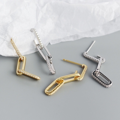 925 Sterling Gümüşlü Retro Paperclip Dikdörtgen Zincir Küpeler Bayanlar Gecesi için
