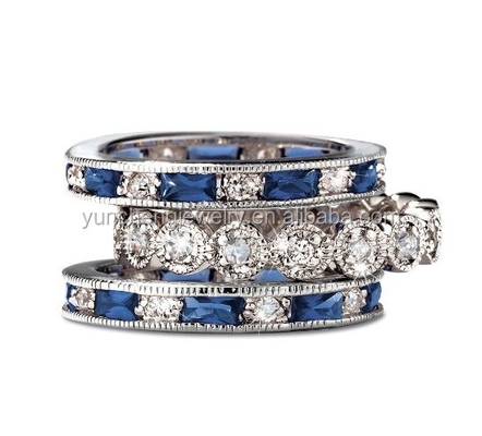 925 Sterling Gümüş CZ Taklit Sapphire Yüklenebilir Yüzük Set Özel Boyutlu