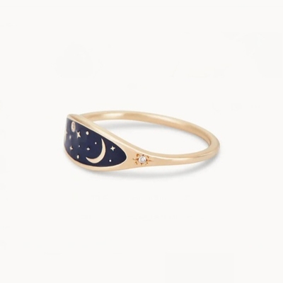 El yapımı 18K Altın kaplama Gece yarısı Mavi Enamel 925 Sterling Gümüş Yuvarlak Parlak CZ Kızlar için Yükleme Yüzüğü
