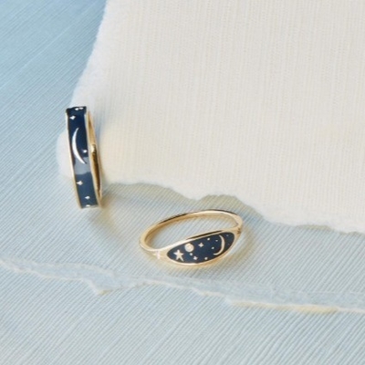 El yapımı 18K Altın kaplama Gece yarısı Mavi Enamel 925 Sterling Gümüş Yuvarlak Parlak CZ Kızlar için Yükleme Yüzüğü