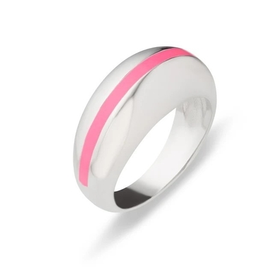 Toptan satış 18K Altın Çizgi Pembe Enamel Kubbe 925 Sterling Gümüş Kadın Yüzüğü