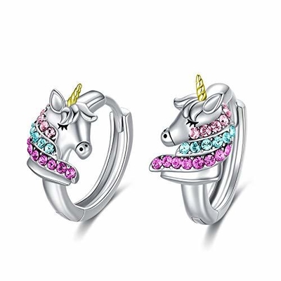 925 Sterling Gümüş Tek boynuzlu Huggie Küpeler 16mm Çocuklar için Pembe CZ