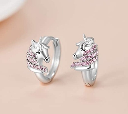 925 Sterling Gümüş Tek boynuzlu Huggie Küpeler 16mm Çocuklar için Pembe CZ