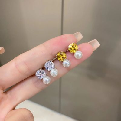 925 Sterling Silver Freshwater Pearl Stud Earrings with Cushion Cut Zircon for Women