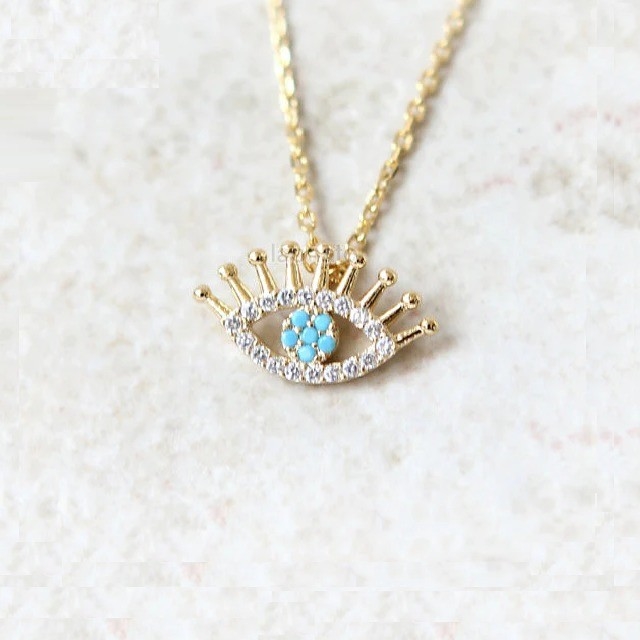 925 Sterling Silver Micro Pave Clear CZ ve Turquoise Evils Gözler Kolye Kolye
