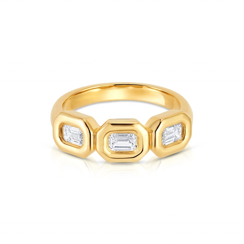 El yapımı Gümüş Üçlü Zümrüt Yüzüğü ile AAA Zirkon Taşı ve 14K Altın Bezel Seti