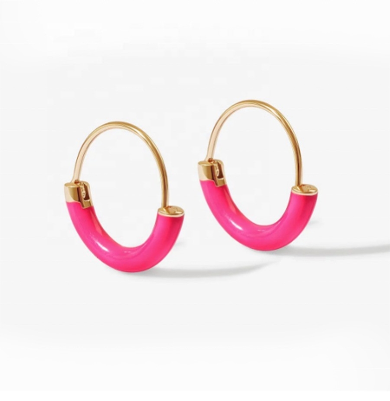 925 Sterling Gümüş Kulaklıklar 18 mm Dia Halkaları Sıcak Pembe Enamel ve 18K Altın Kaplama