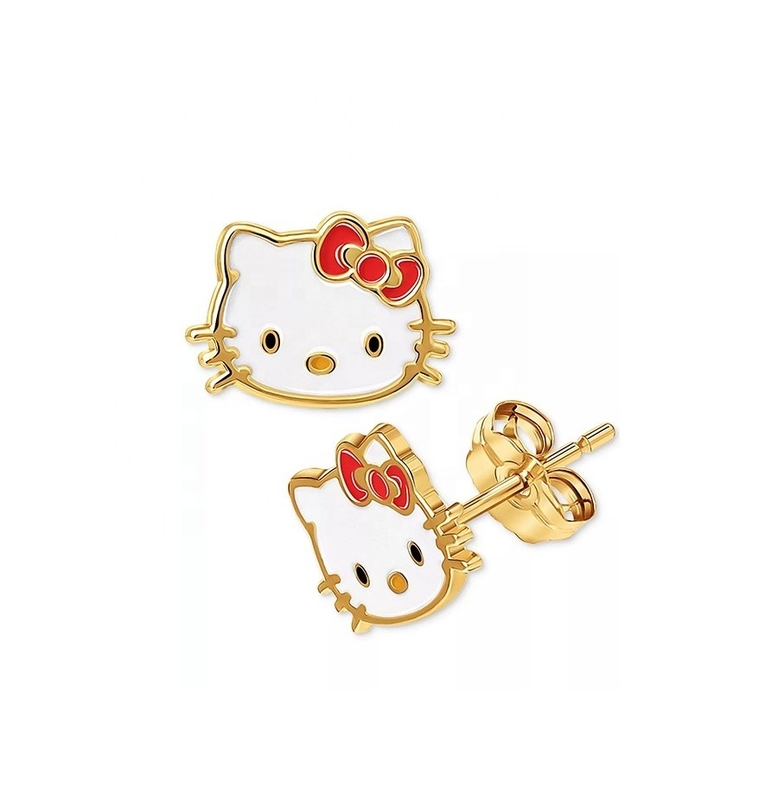 18K Altın Kaplama Hello Kitty Enamel Stud Kızlar için 925 Sterling Gümüş