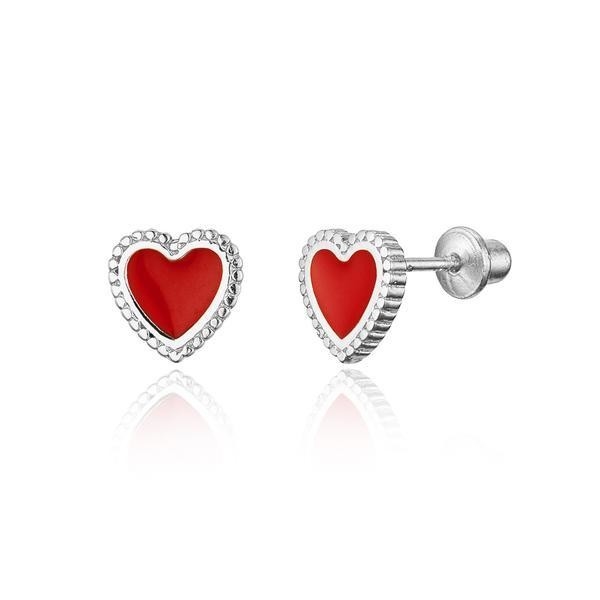 925 Sterling Gümüşlü Küçük Kırmızı Enamel Kalbiyle Çocuklar İçin Güvenli Vuruşlu Sırt Küpe