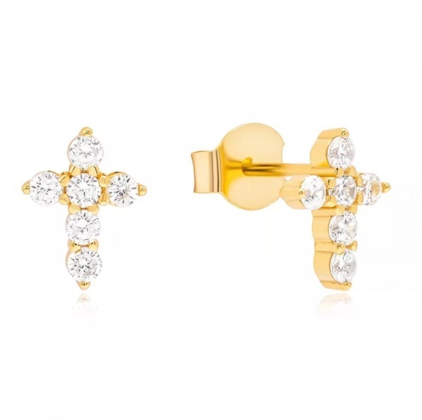 Kızlar için 18K Altın Mikron Pave Cross Stud Küpesi 925 Sterling Gümüş