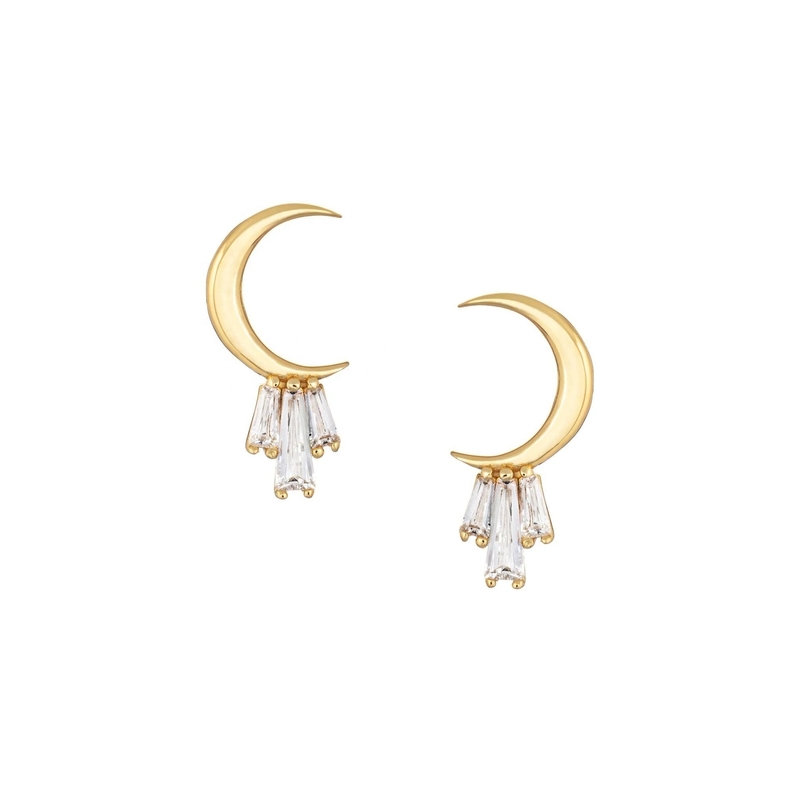 18K Altın 925 Sterling Gümüş Baguette Kadınlar için Ay Stud Kulaklıkları AAA CZ Taş