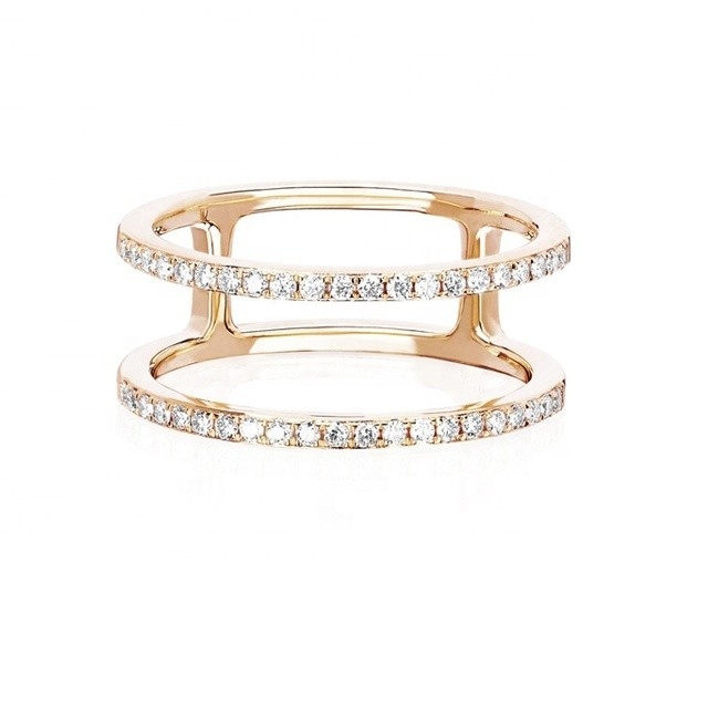Beyaz CZ Çift Sıralı Yüklenebilir Yüzükler Altın 18K Plated Real 925 Sterling Gümüş Kristal Kübik Zirkon Mücevher