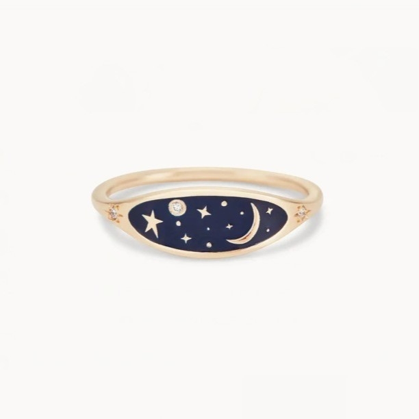 El yapımı 18K Altın kaplama Gece yarısı Mavi Enamel 925 Sterling Gümüş Yuvarlak Parlak CZ Kızlar için Yükleme Yüzüğü