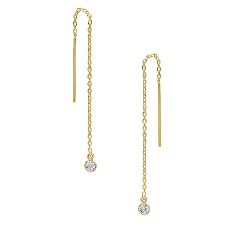 925 Sterling Gümüş Basit 18K Altın Kaplama Kadınlar Bezel Drop Zinciri İpeklik Küpesi