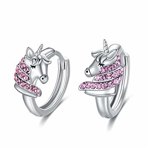 925 Sterling Gümüş Tek boynuzlu Huggie Küpeler 16mm Çocuklar için Pembe CZ
