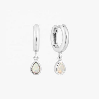 Classic Dangle Opal Cabochon Hoop Earrings in 925 Sterling Silver for Women 7.5mm