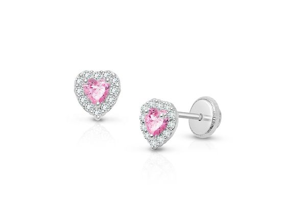 925 Sterling Gümüş Kalp Şekilli Pembe & Beyaz CZ Stud Kulaklıkları Çocuk Güzel Mücevherleri İçin Plavü Ayarlı